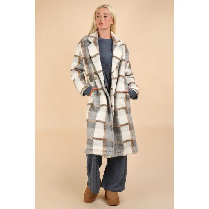 Oversized Plaid Soft Fuzzy Button Down Long Coat