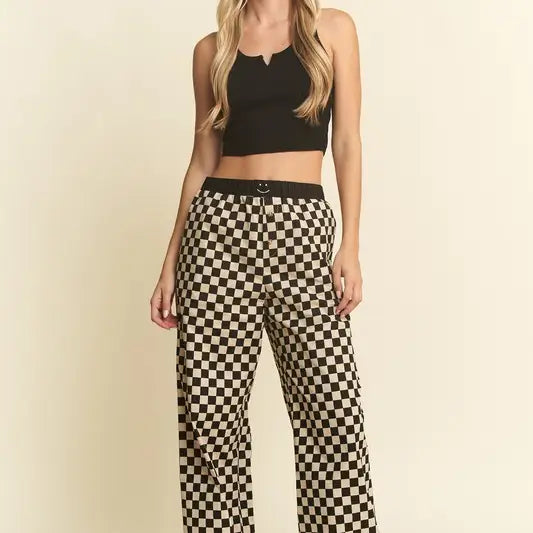 Straight Leg Checkered Pants w/ Elastic Waist