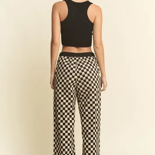 Straight Leg Checkered Pants w/ Elastic Waist