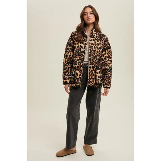 Leopard Piping Puffer Jacket