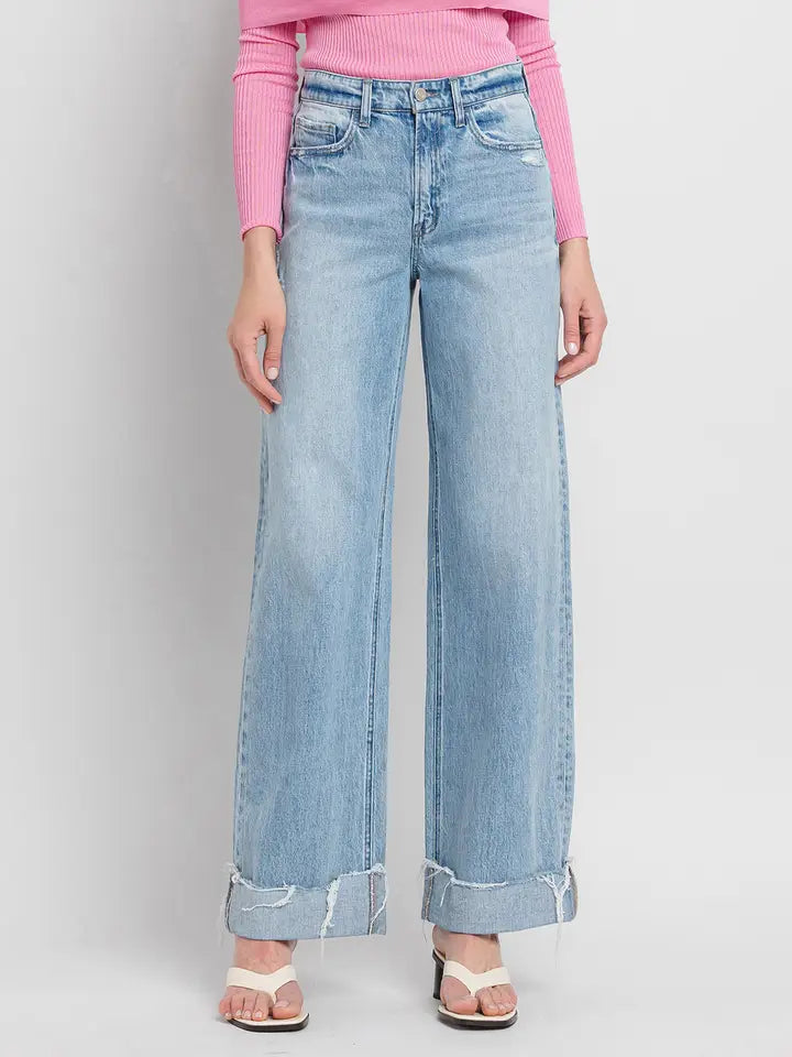 Super High Rise Cuffed Baggy Wide Leg Jeans