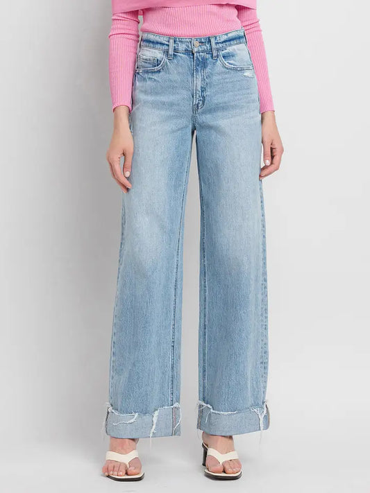 Super High Rise Cuffed Baggy Wide Leg Jeans