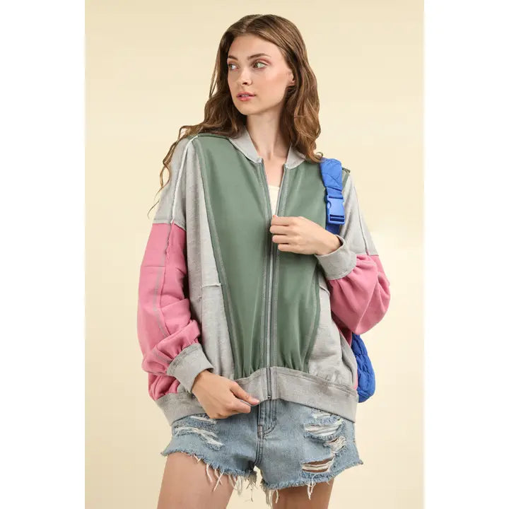 Color Block Casual Bomber Oversized