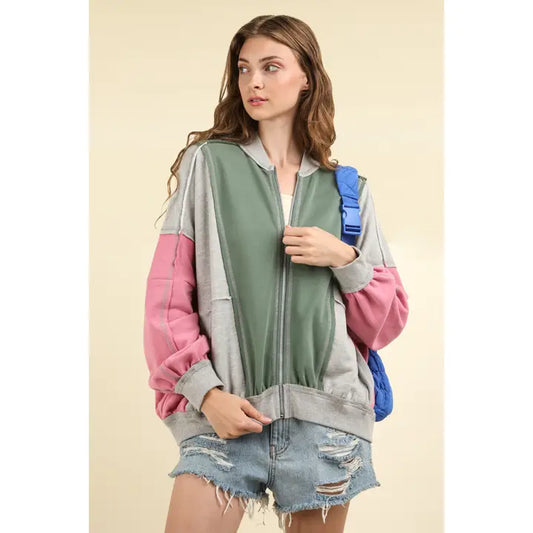 Color Block Casual Bomber Oversized