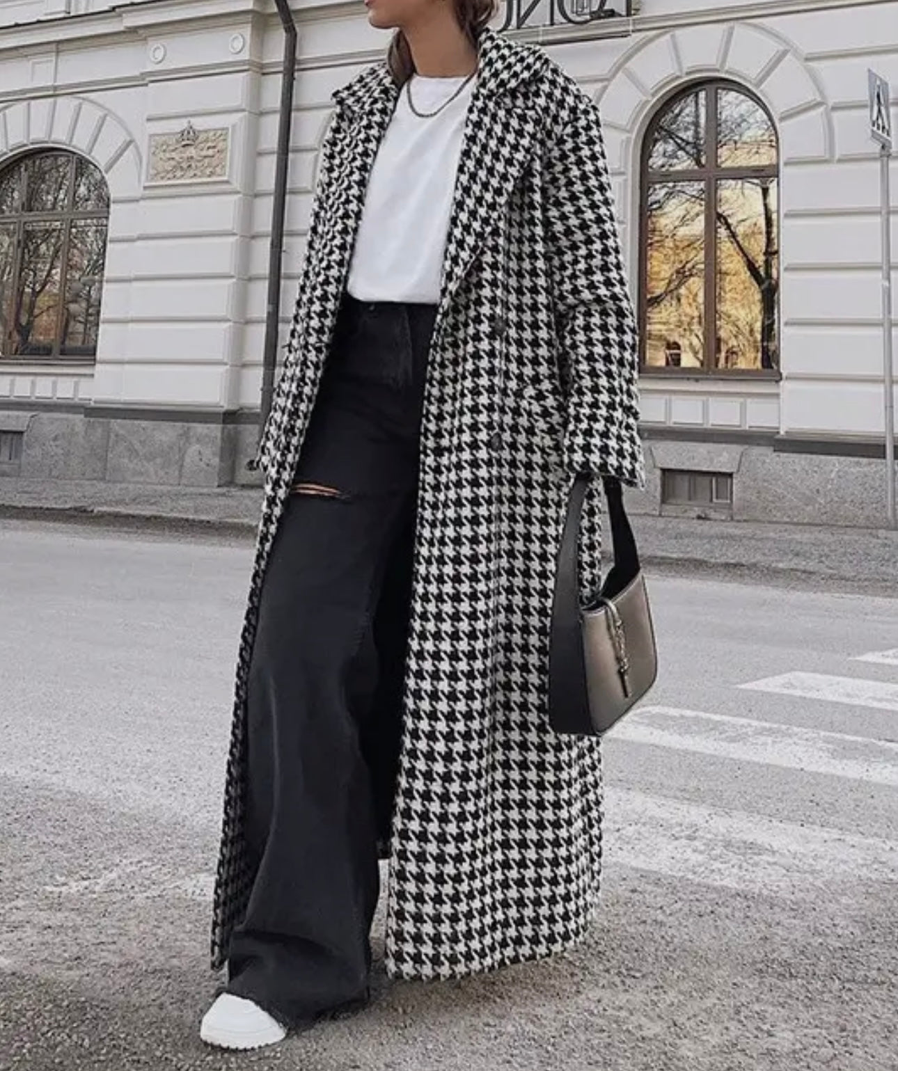 Black and White Houndstooth Trench Coat