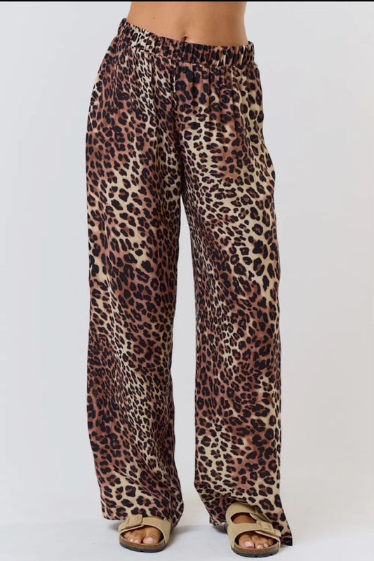 Elastic Band Leopard Wide Leg Pants