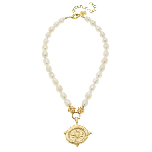 Bee Intaglio Pearl Drop Necklace