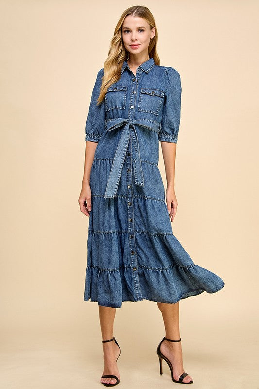 Denim Tiered Midi Shirt Dress