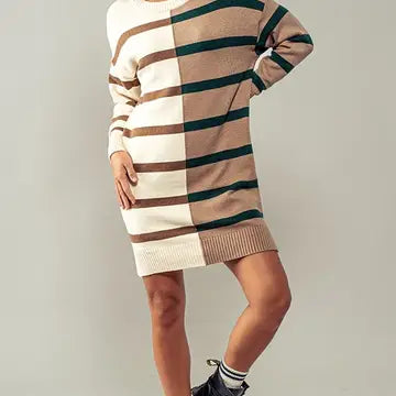 Split Color Striped Sweater Dress